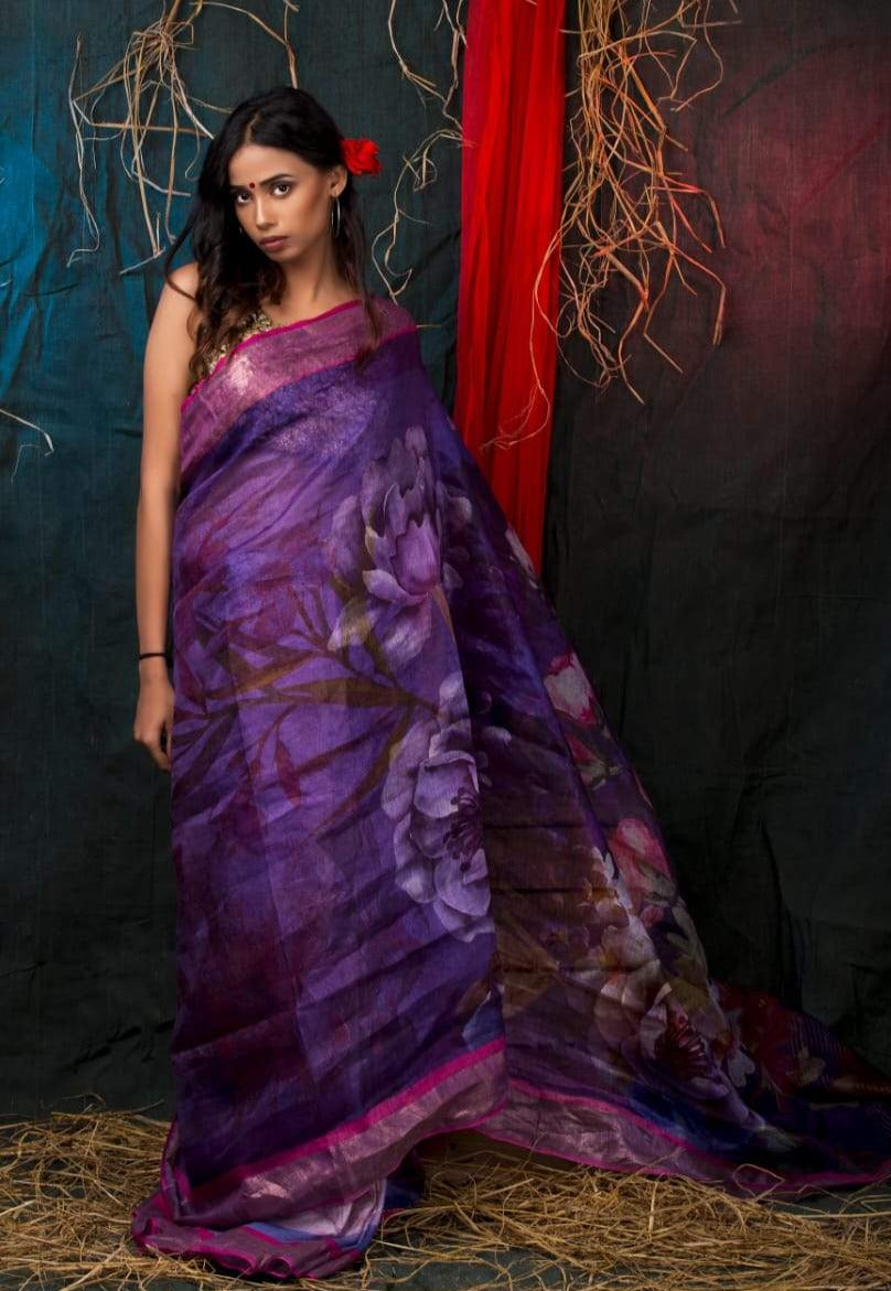 digital printed pure linen saree - linenworldonline.in