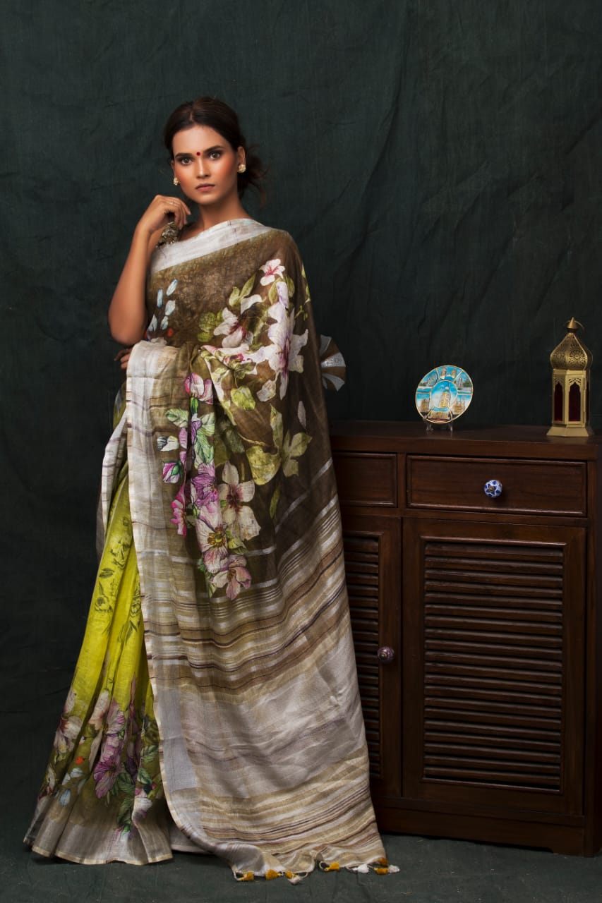 digital printed pure linen saree - linenworldonline.in