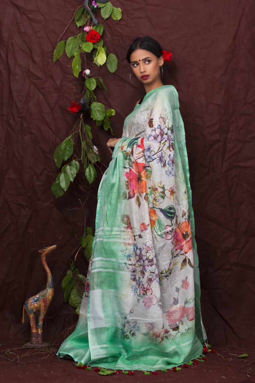 digital printed pure linen saree - linenworldonline.in