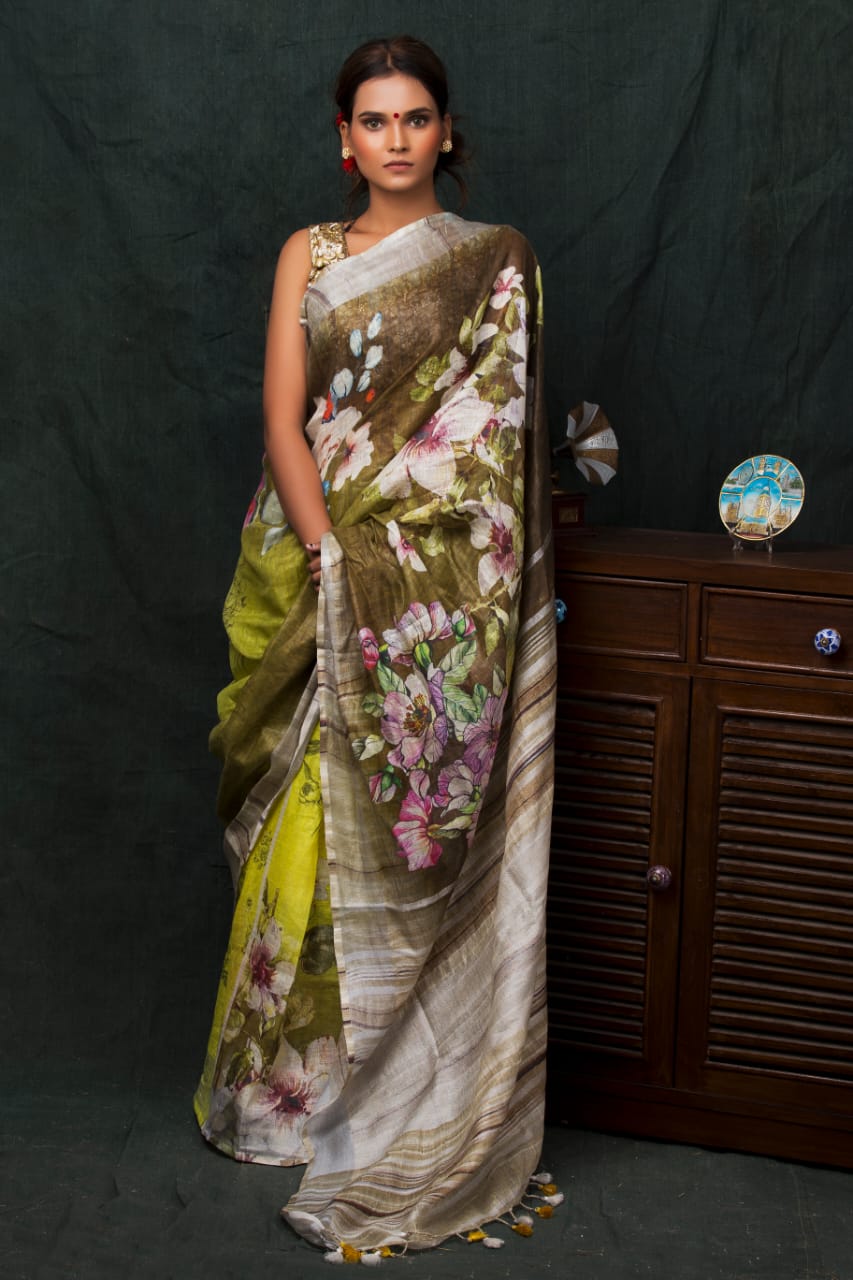 digital printed pure linen saree - linenworldonline.in