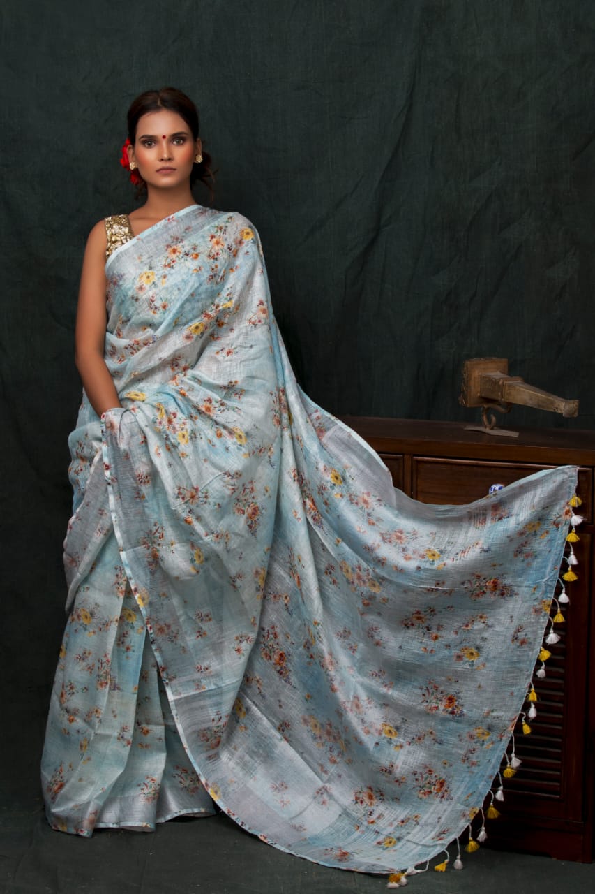digital printed pure linen saree - linenworldonline.in