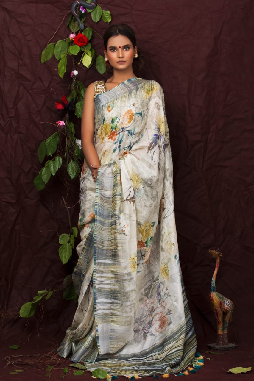 digital printed pure linen saree - linenworldonline.in