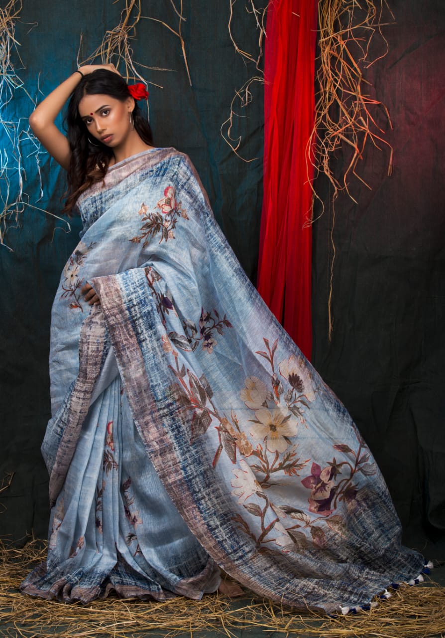 digital printed pure linen saree - linenworldonline.in