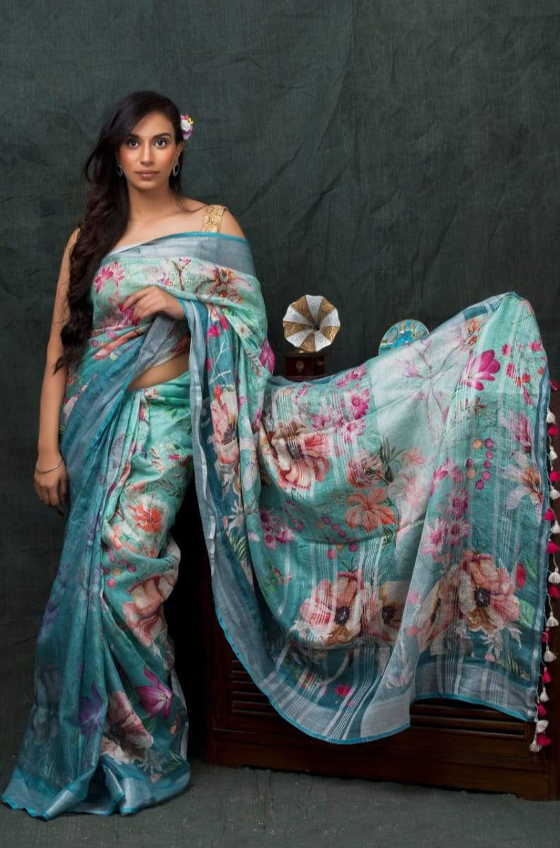 digital printed pure linen saree - linenworldonline.in