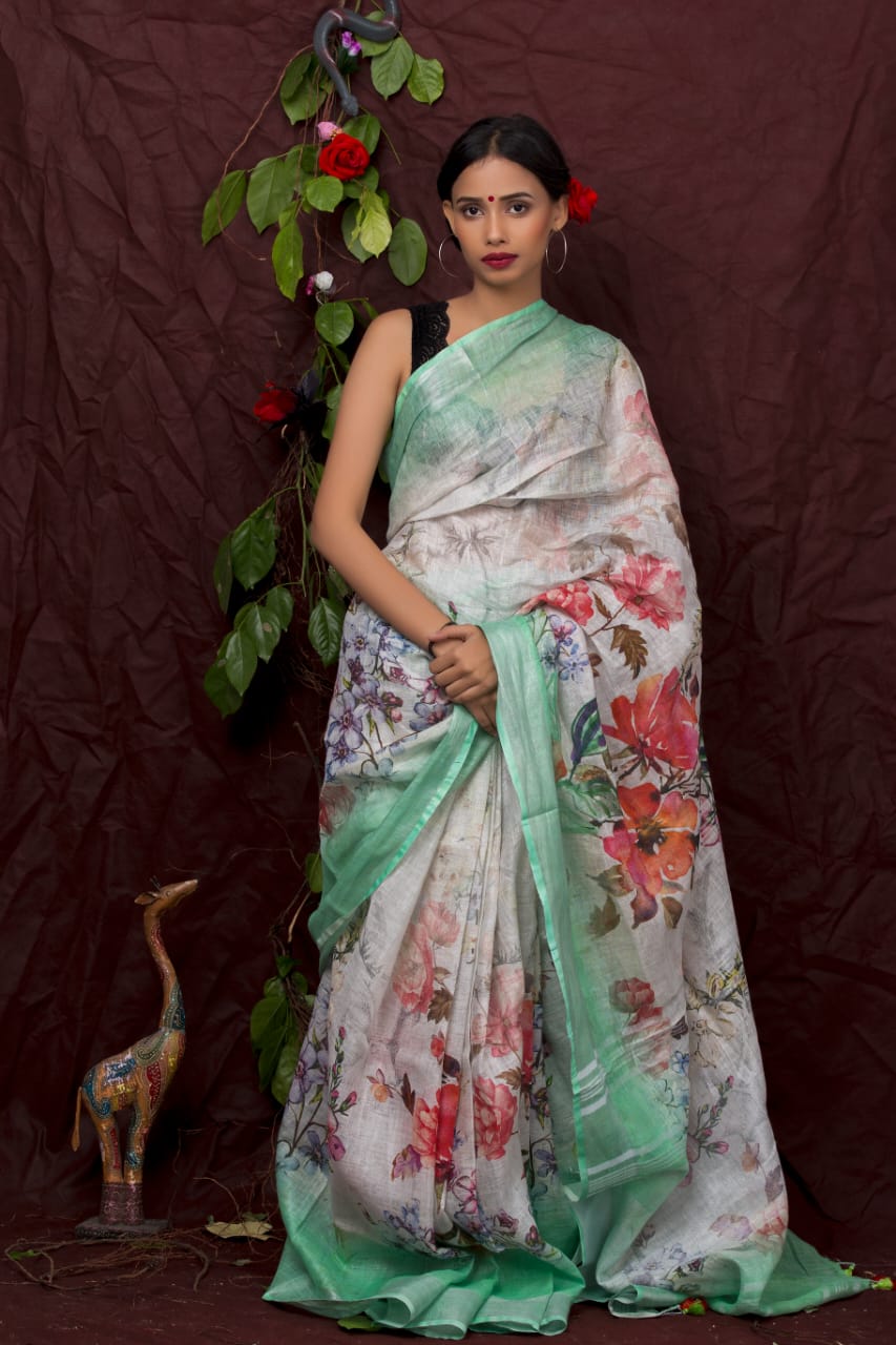 digital printed pure linen saree - linenworldonline.in