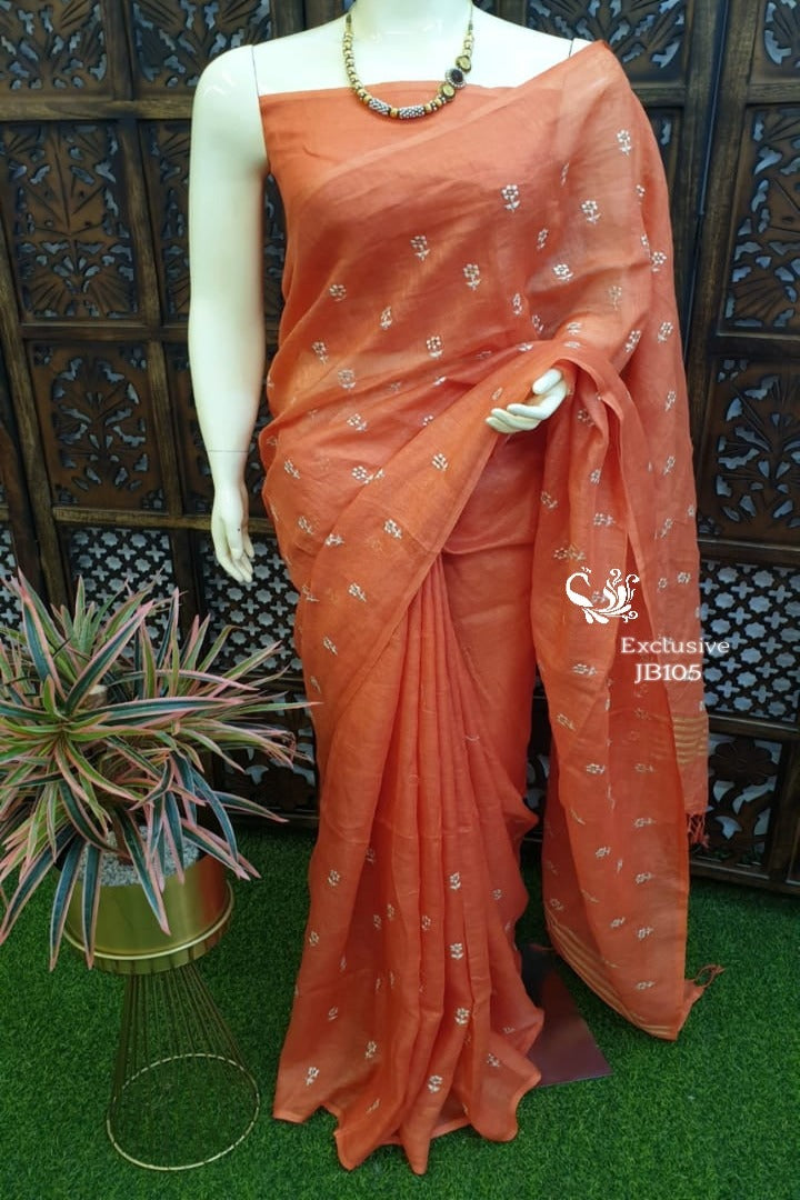 burning sand embroidered handloom woven pure linen saree - linenworldonline.in
