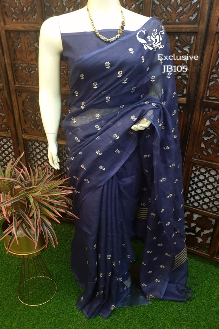 blue embroidered pure linen saree - linenworldonline.in