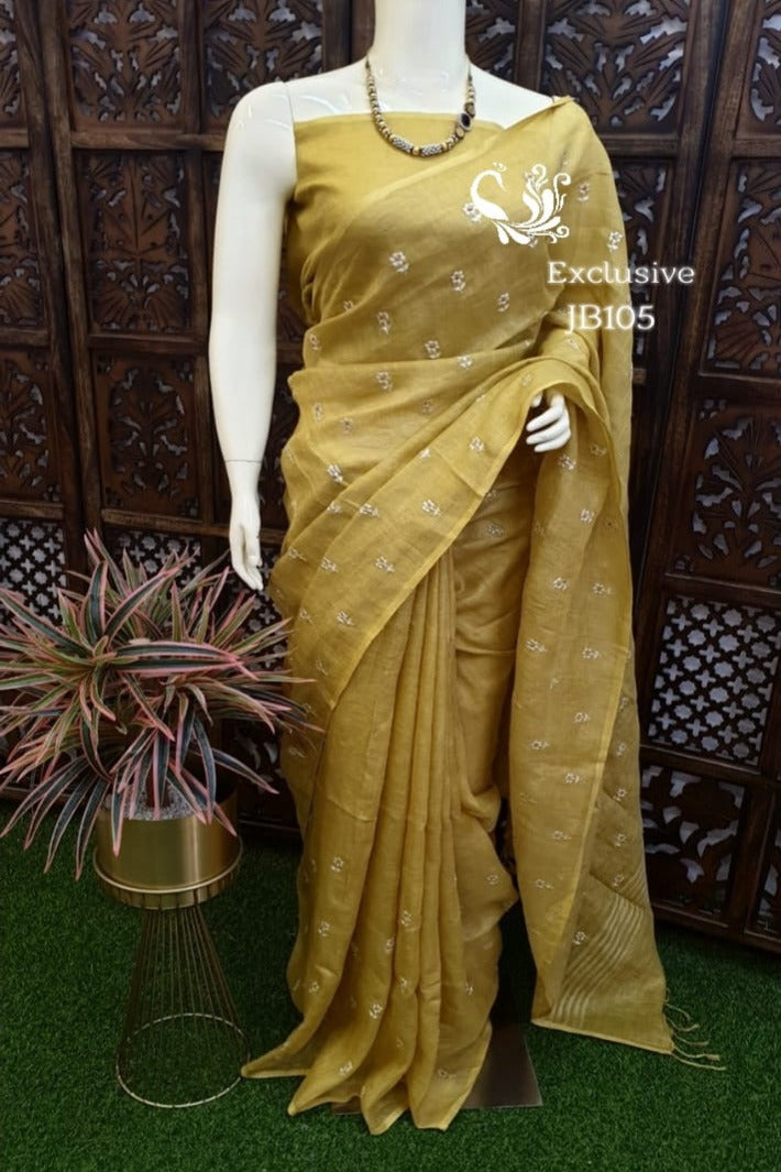 yellow digital embroidered pure linen saree - linenworldonline.in