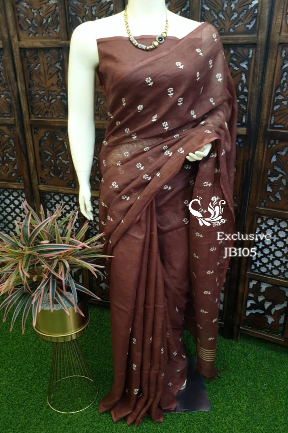 brown embroidered pure linen saree - linenworldonline.in