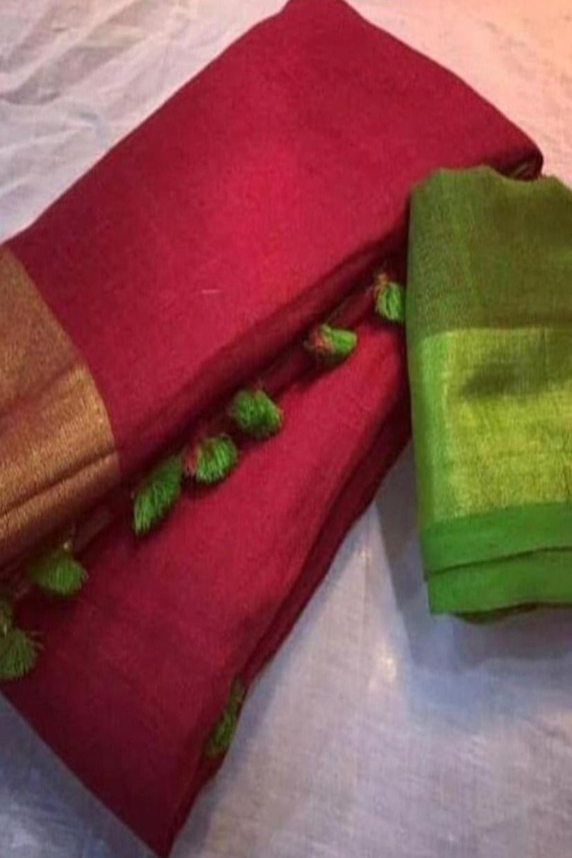 cherry red handloom woven pure linen saree - linenworldonline.in