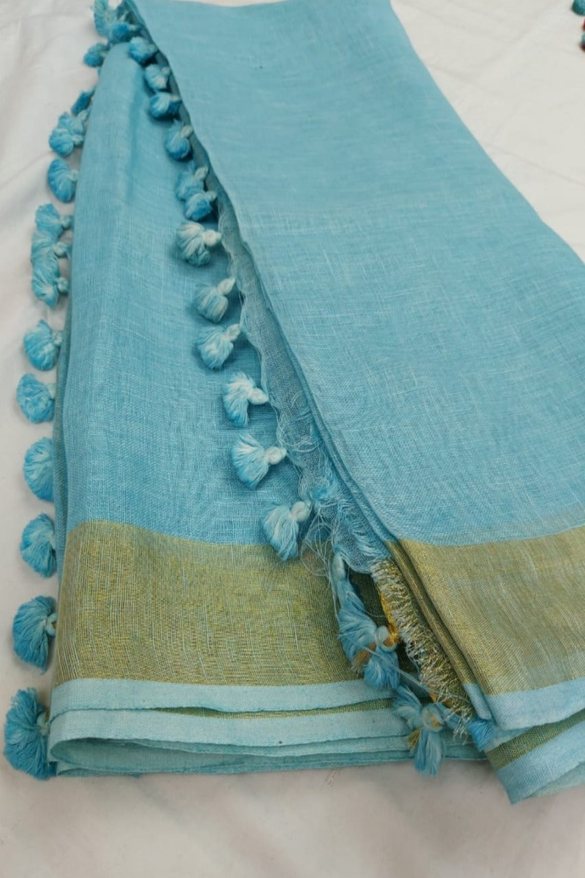 blue handloom woven pure linen saree - linenworldonline.in
