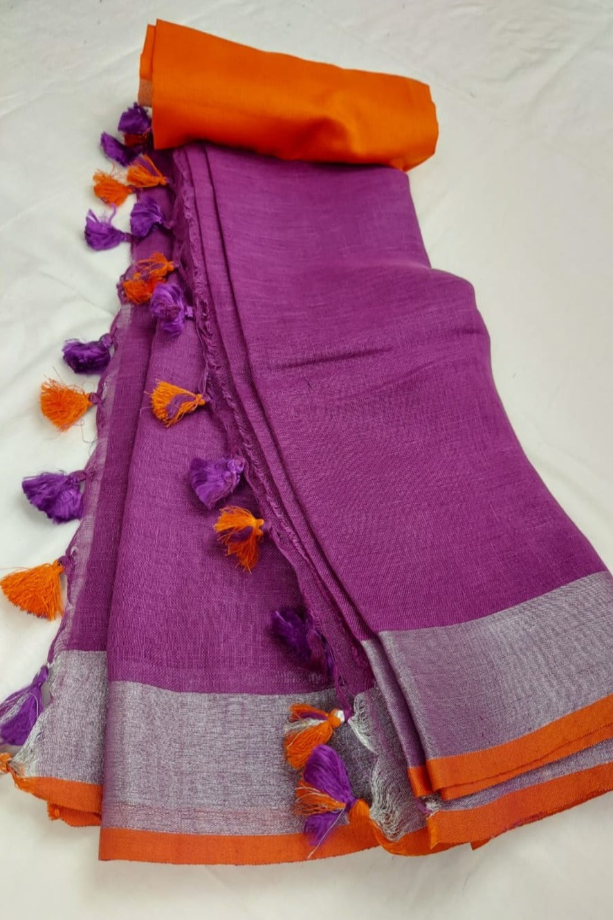 magenta pink handloom woven pure linen saree - linenworldonline.in