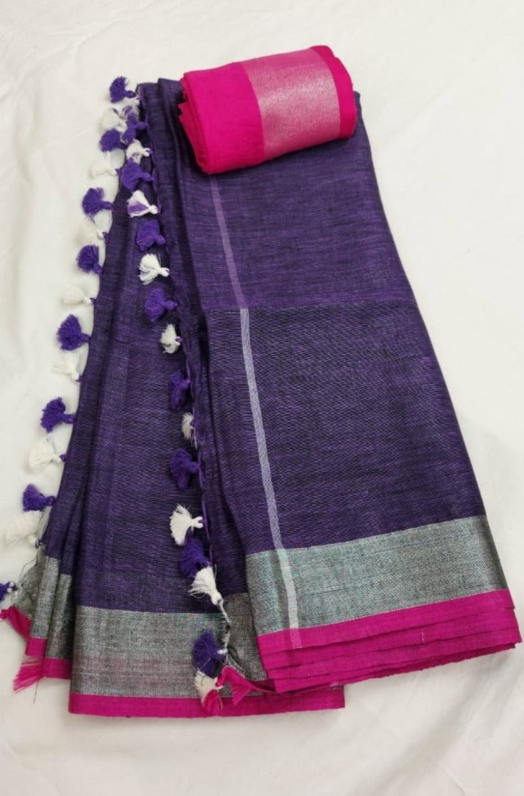 purple handloom woven pure linen saree - linenworldonline.in