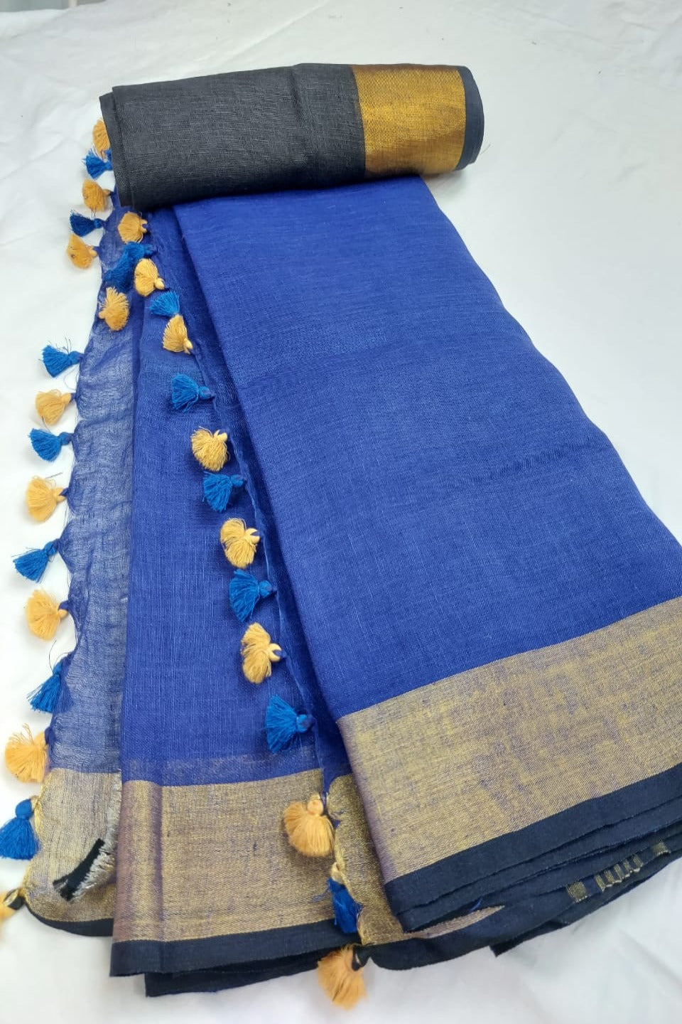 blue handloom woven pure linen saree - linenworldonline.in