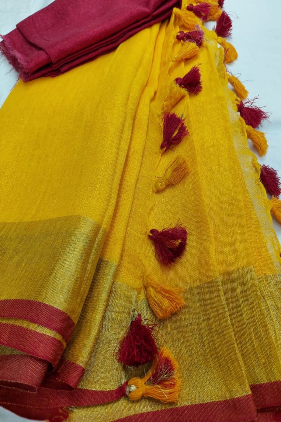 yellow handloom woven pure linen saree - linenworldonline.in