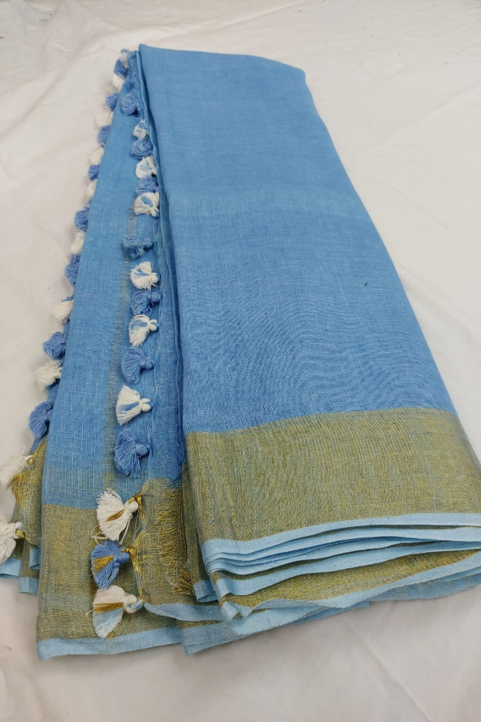 blue handloom woven pure linen saree - linenworldonline.in