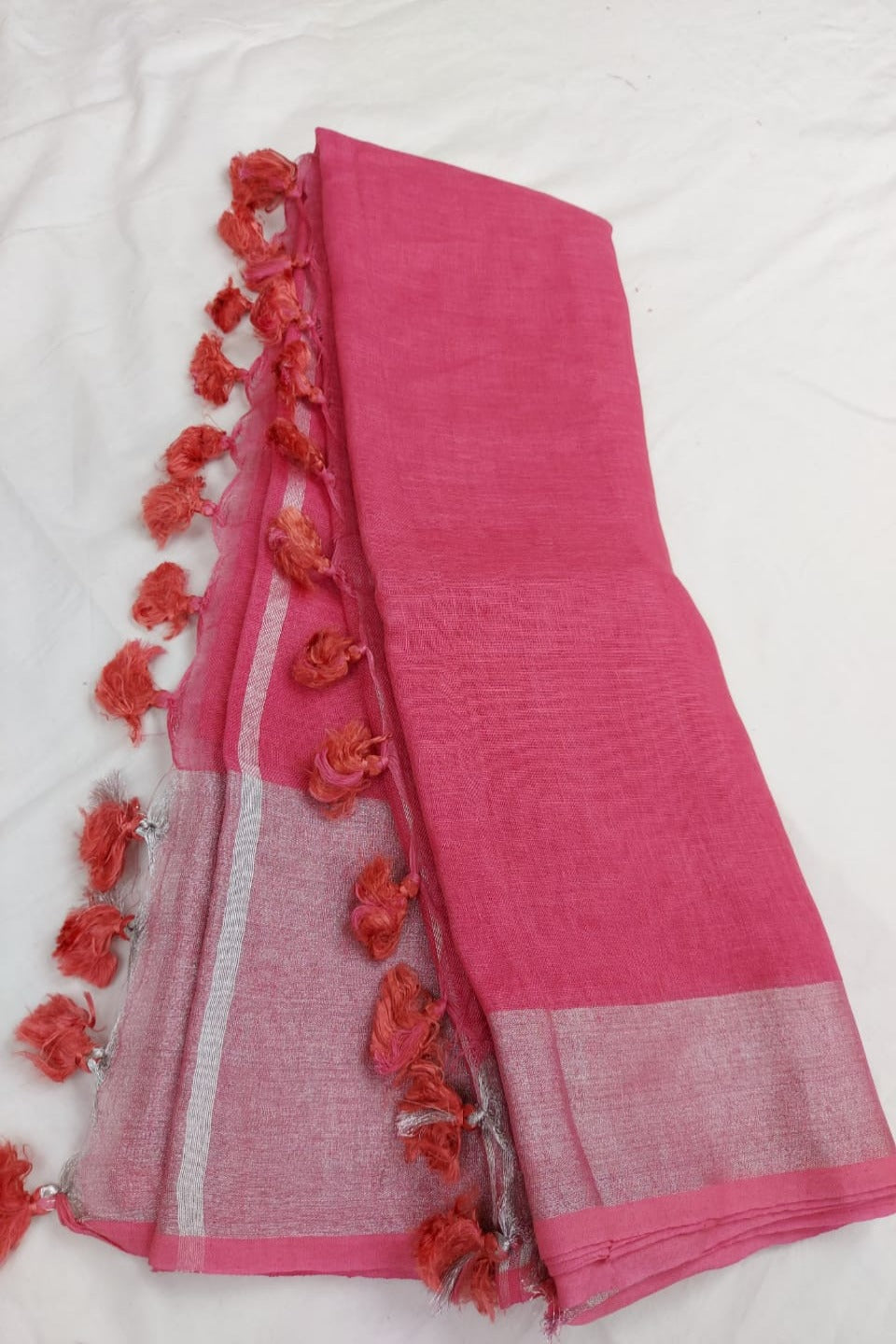 pink handloom woven pure linen saree - linenworldonline.in