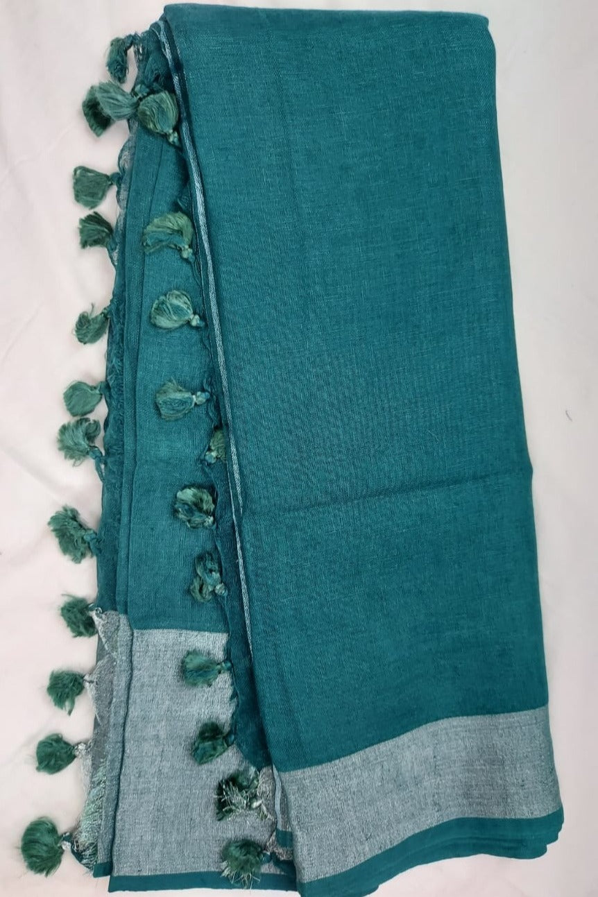 stone blue handloom woven pure linen saree - linenworldonline.in