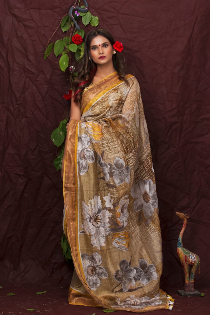 digital printed silk linen saree - linenworldonline.in