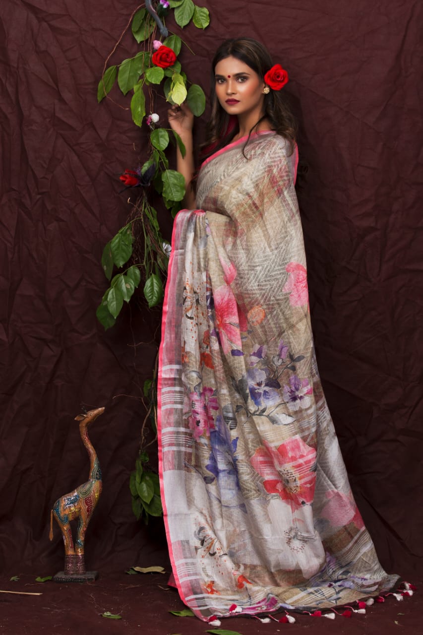 digital printed pure linen saree - linenworldonline.in