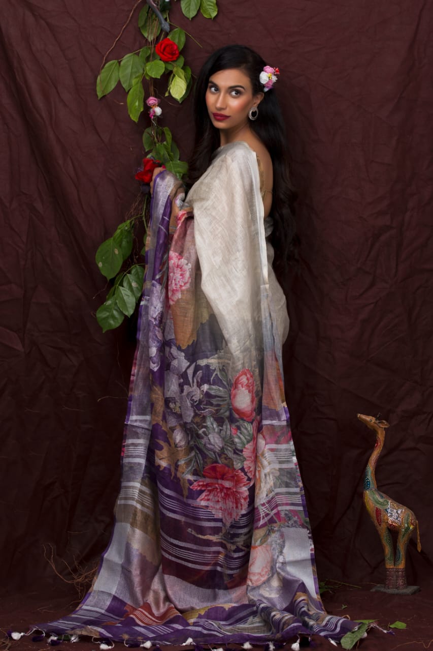 digital printed pure linen saree - linenworldonline.in