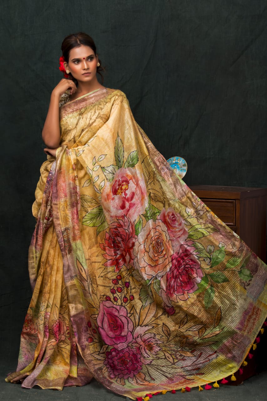 digital printed silk linen saree - linenworldonline.in