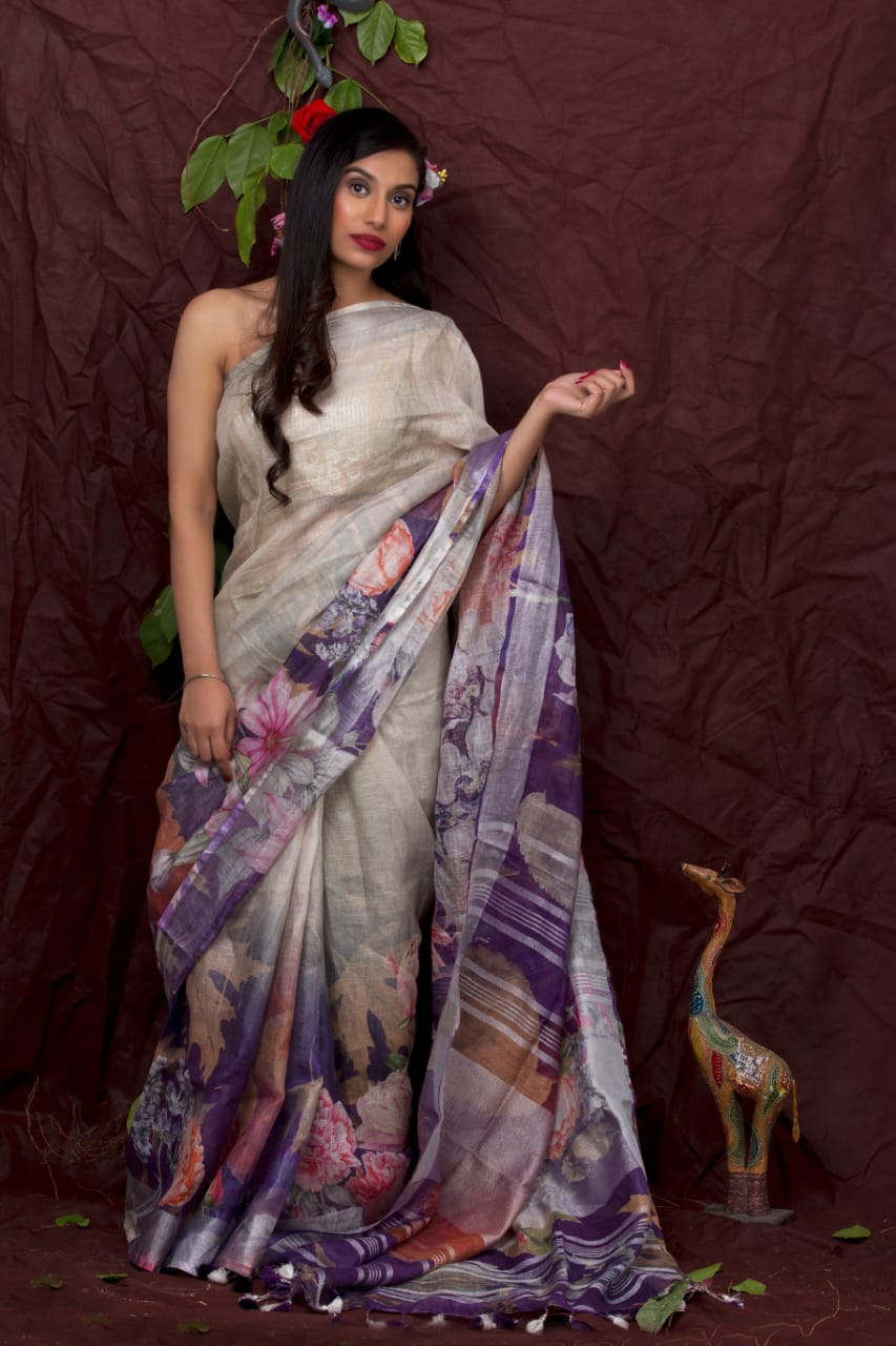 digital printed pure linen saree - linenworldonline.in