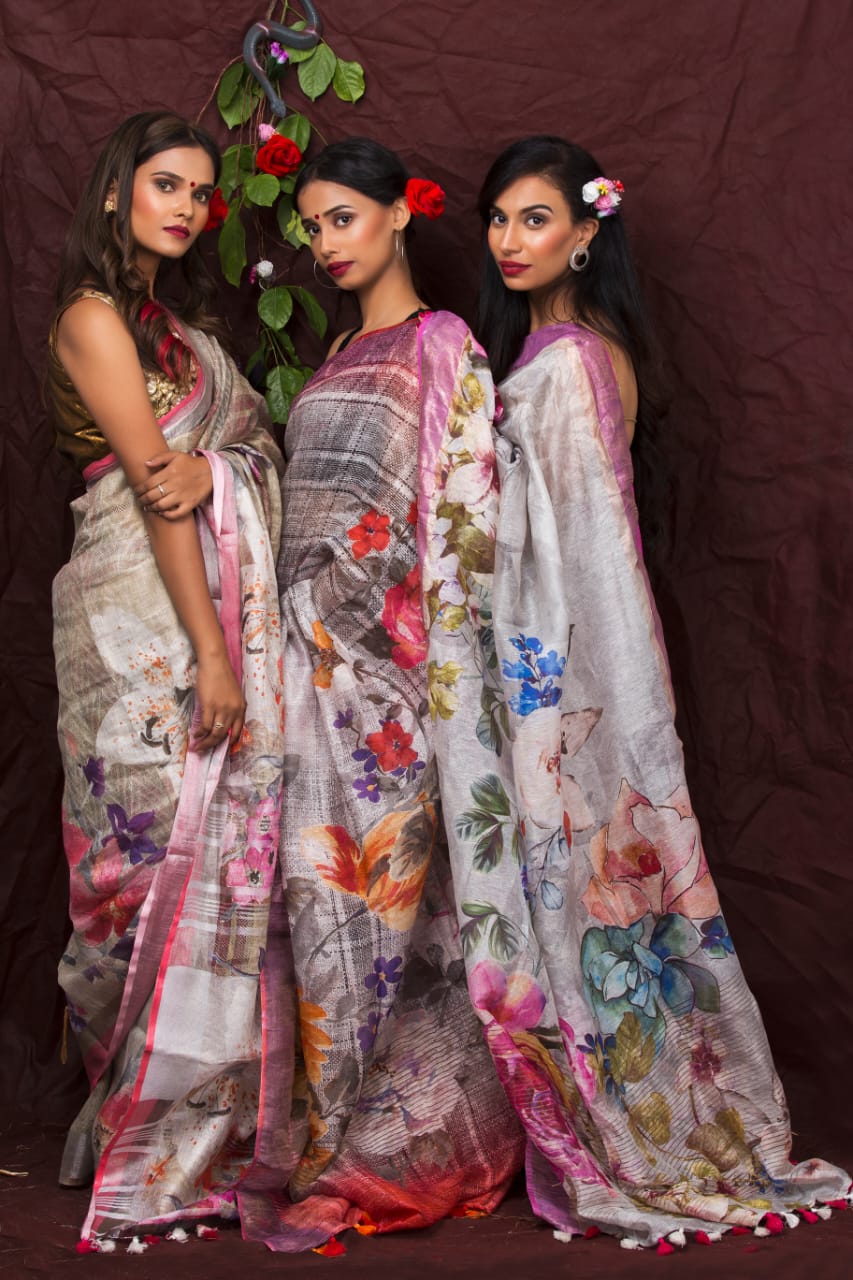 digital printed pure linen saree - linenworldonline.in