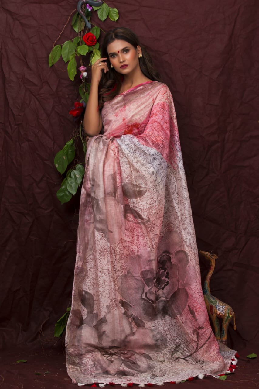 digital printed pure linen saree - linenworldonline.in