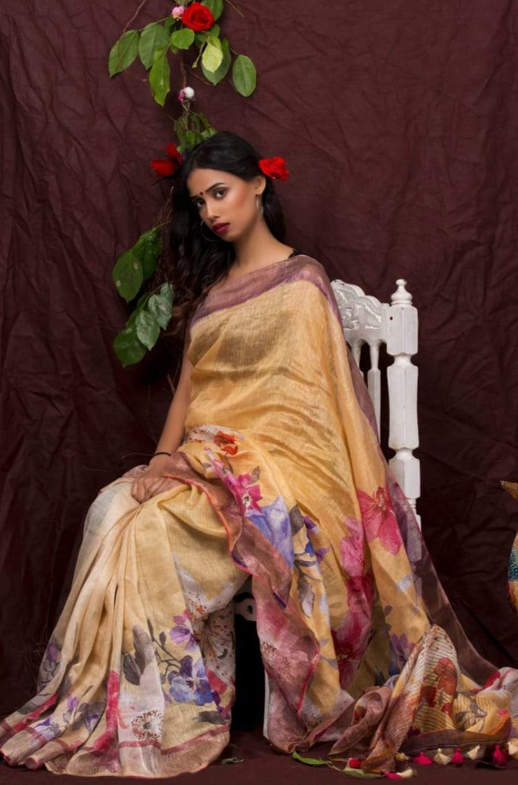digital printed pure linen saree - linenworldonline.in