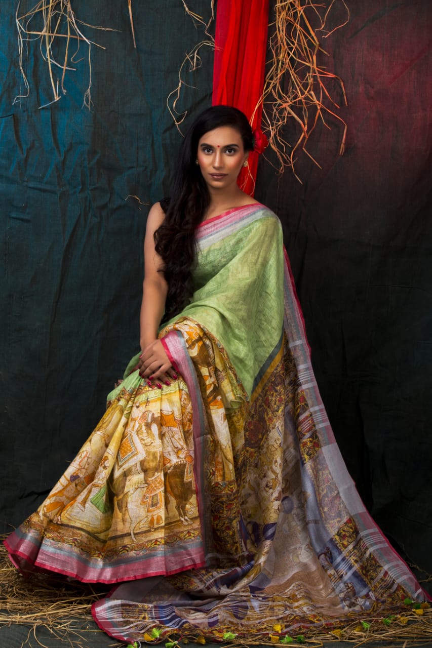 digital printed pure linen saree - linenworldonline.in