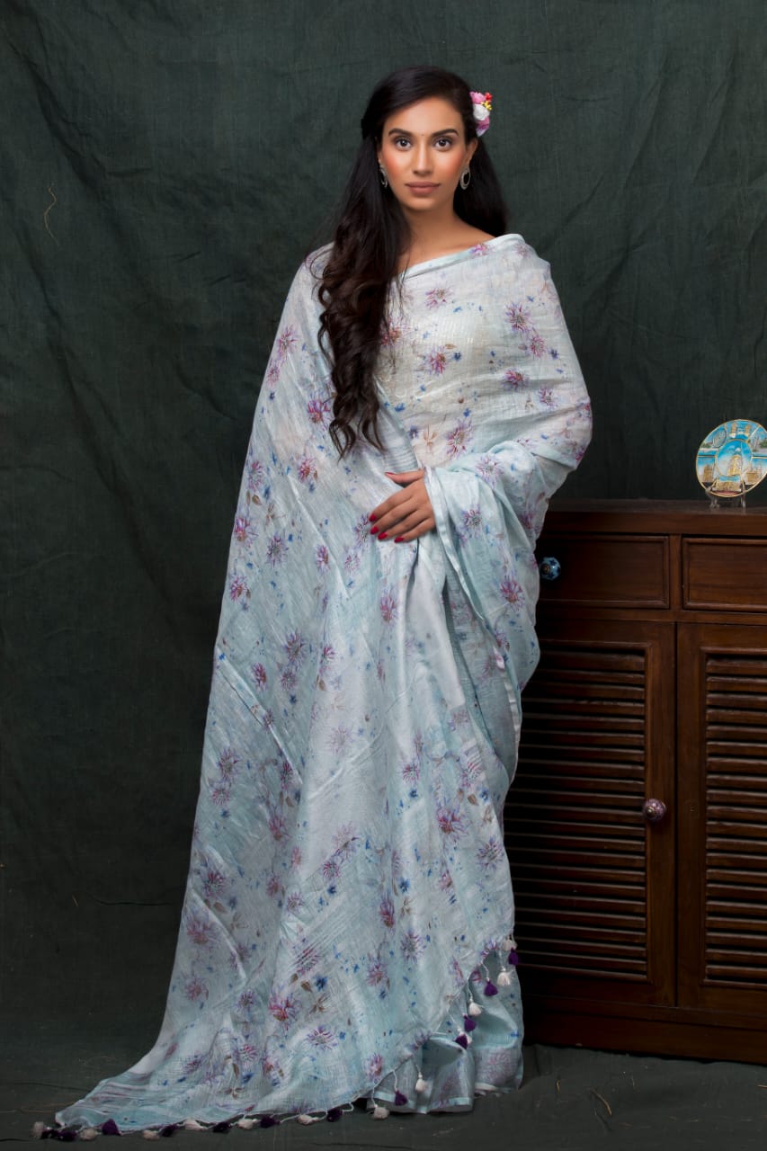 digital printed pure linen saree - linenworldonline.in