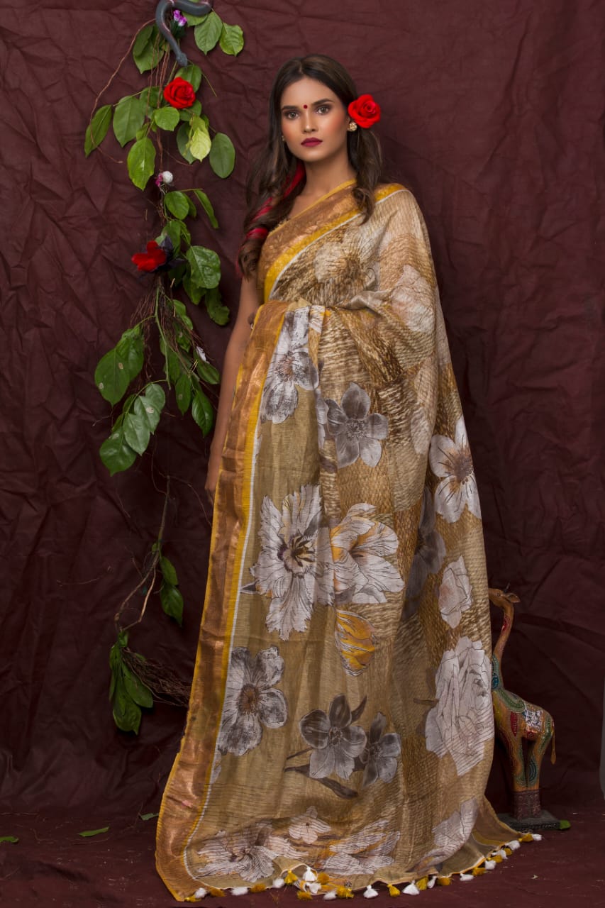 digital printed silk linen saree - linenworldonline.in