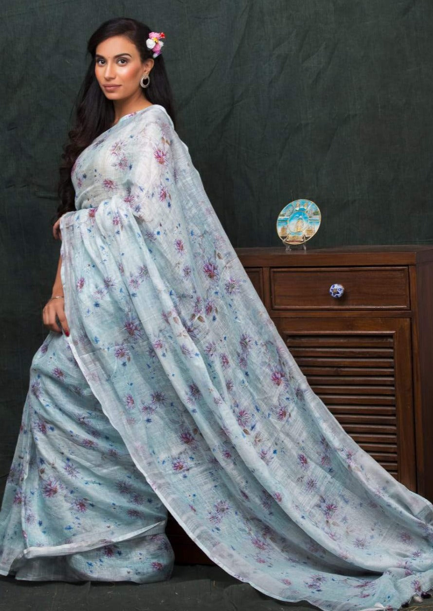digital printed pure linen saree - linenworldonline.in