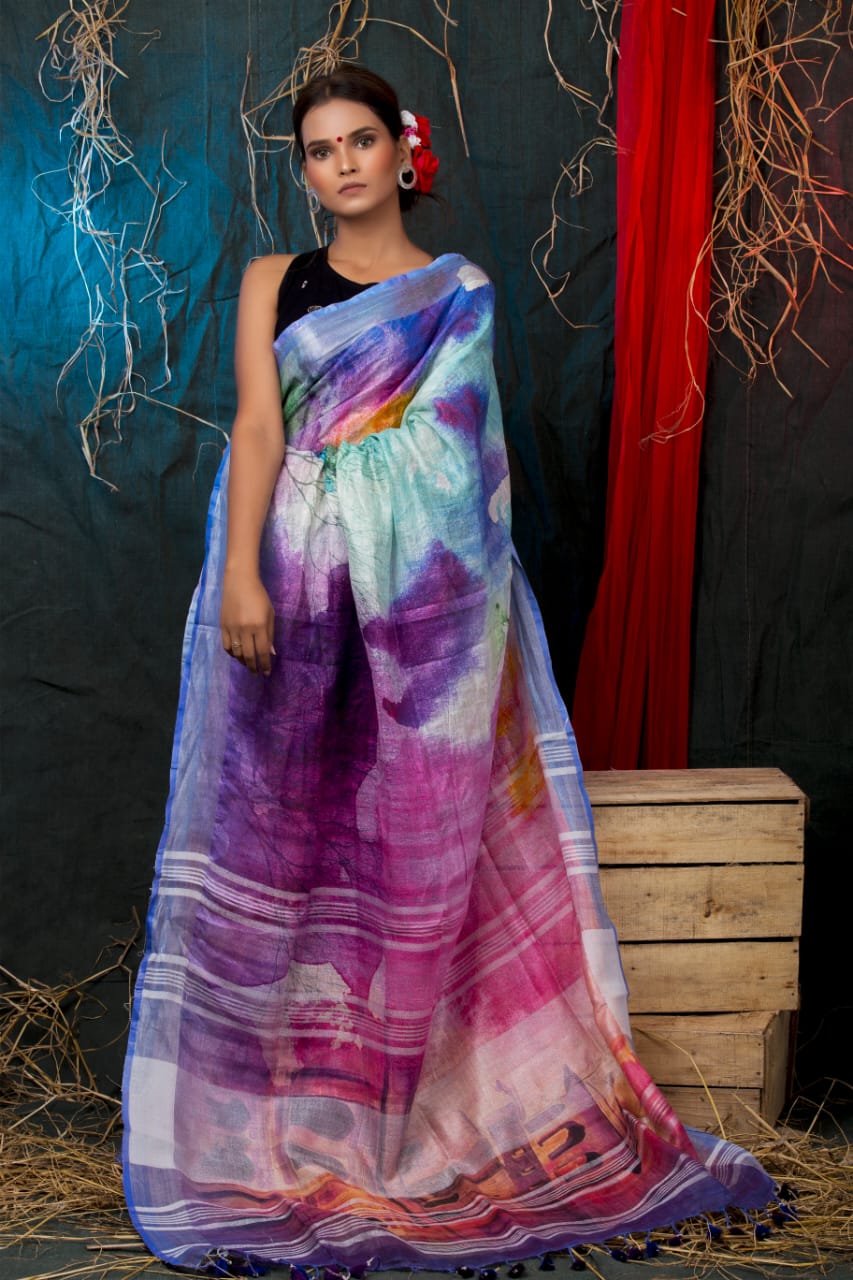 digital printed pure linen saree - linenworldonline.in