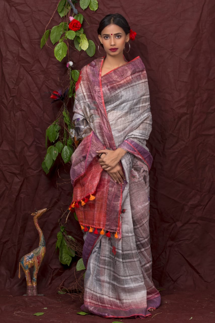 digital printed pure linen saree - linenworldonline.in