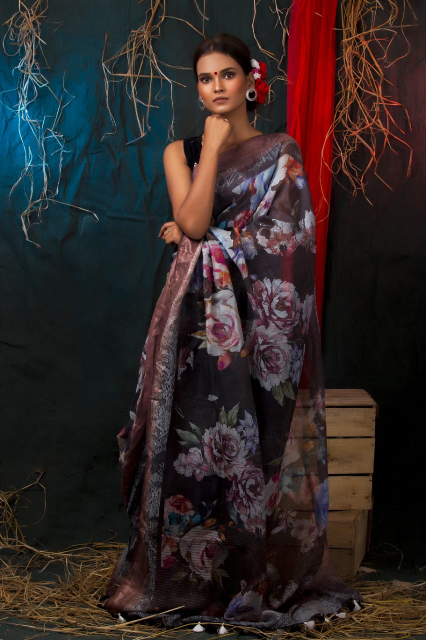 digital printed silk linen saree - linenworldonline.in