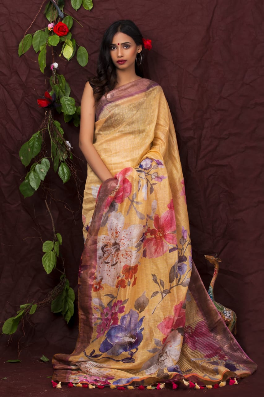 digital printed pure linen saree - linenworldonline.in