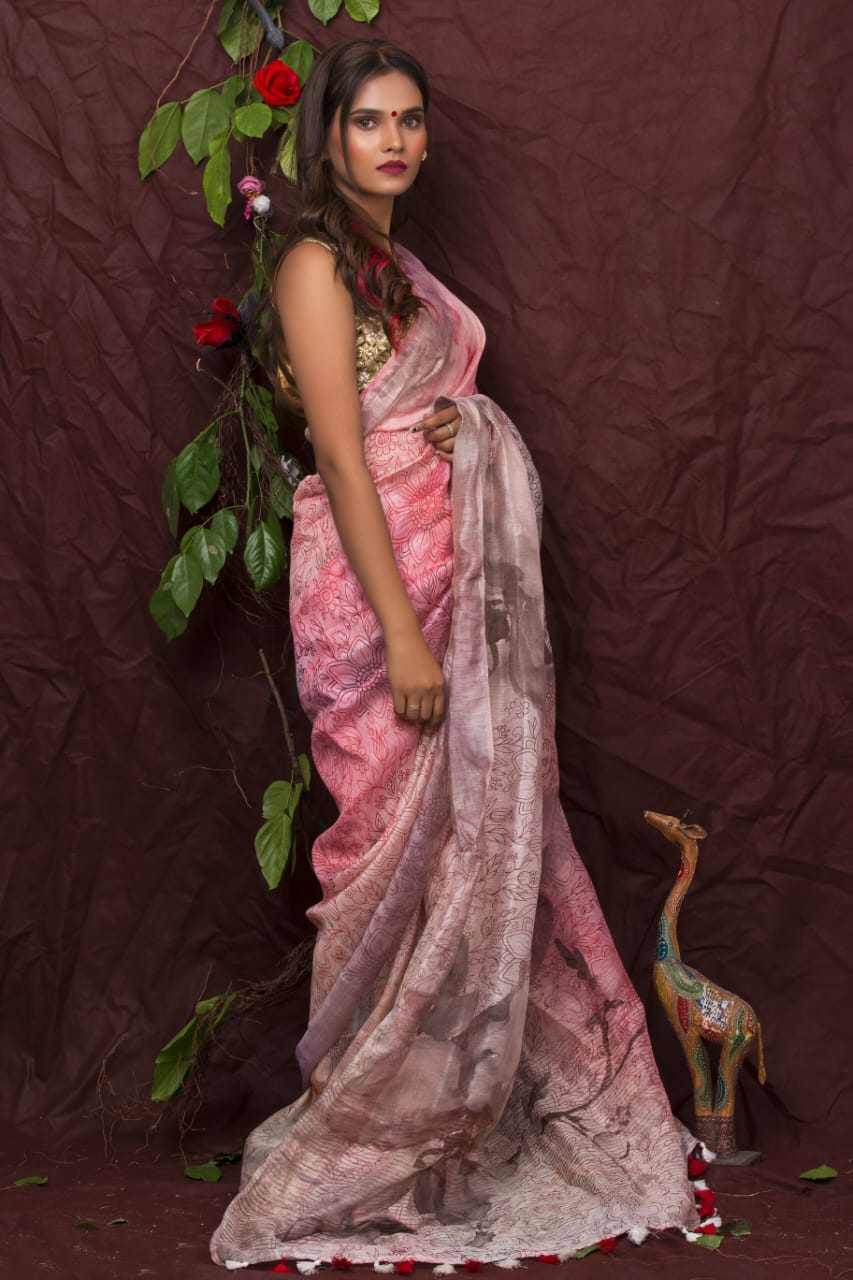 digital printed pure linen saree - linenworldonline.in