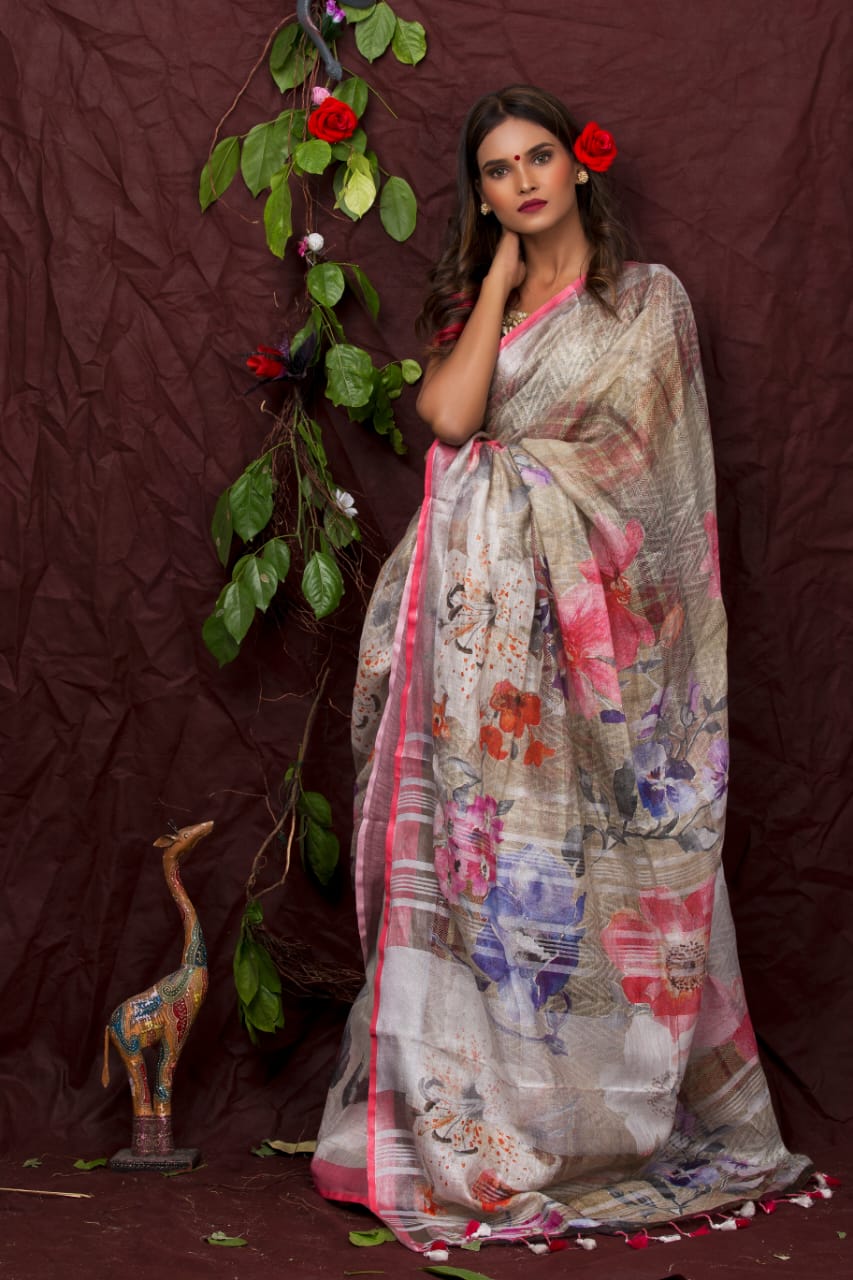 digital printed pure linen saree - linenworldonline.in