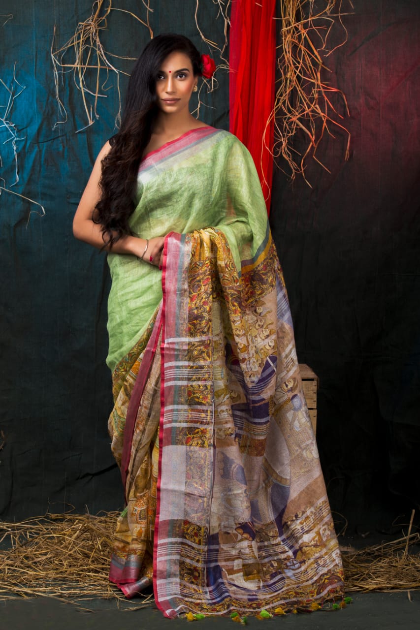 digital printed pure linen saree - linenworldonline.in