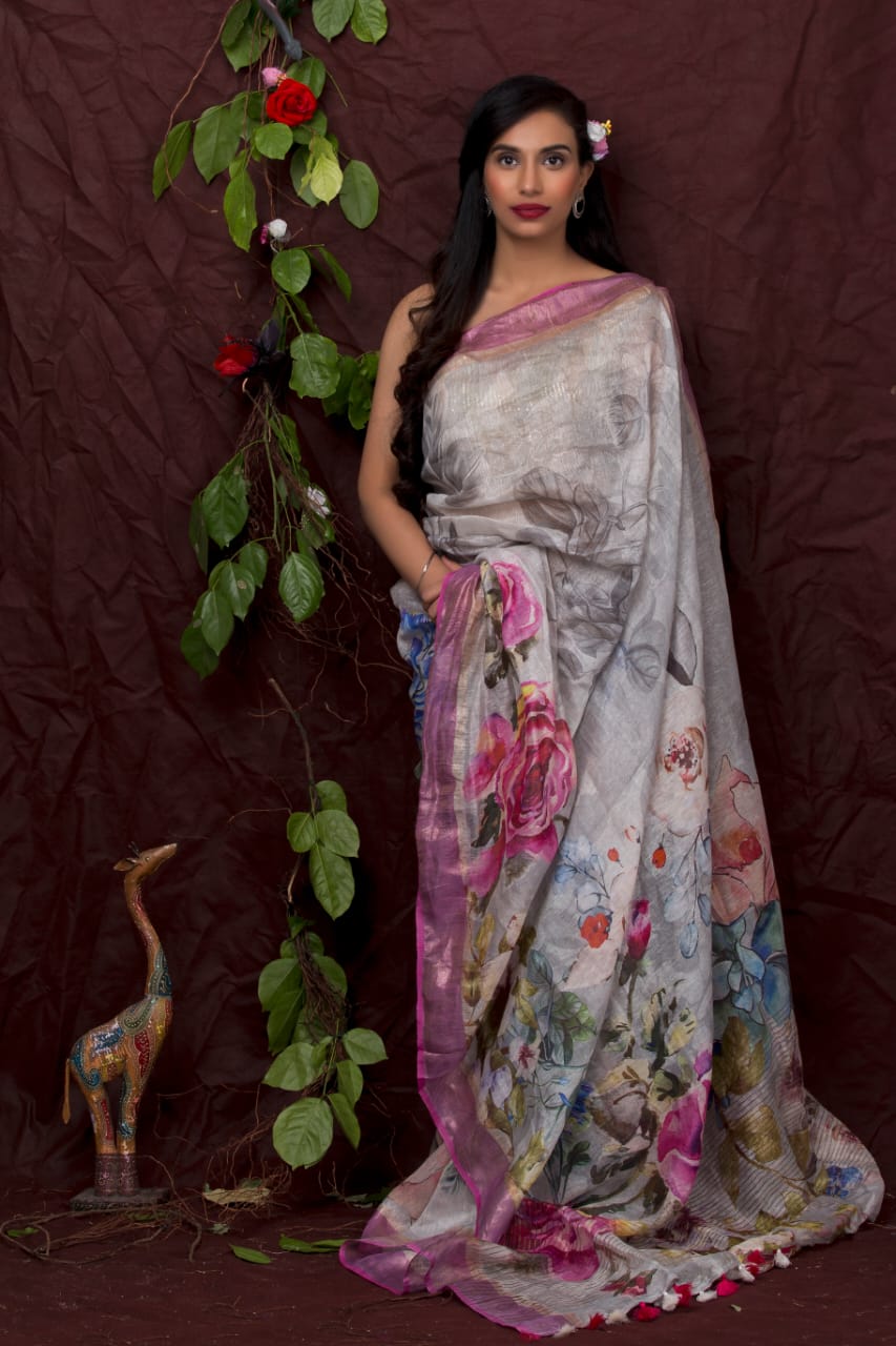 digital printed pure linen saree - linenworldonline.in