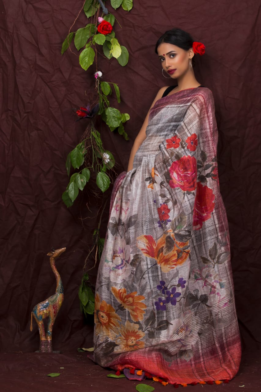digital printed pure linen saree - linenworldonline.in