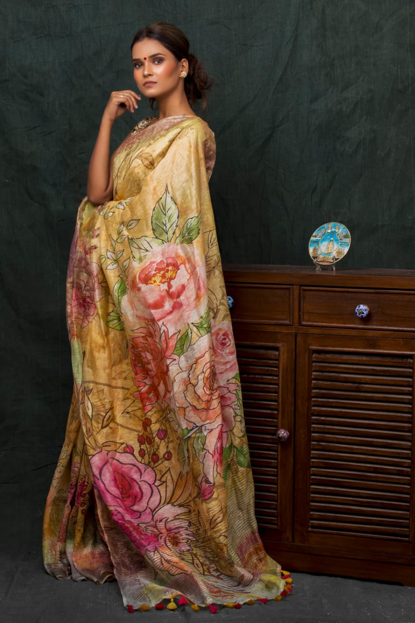 digital printed silk linen saree - linenworldonline.in