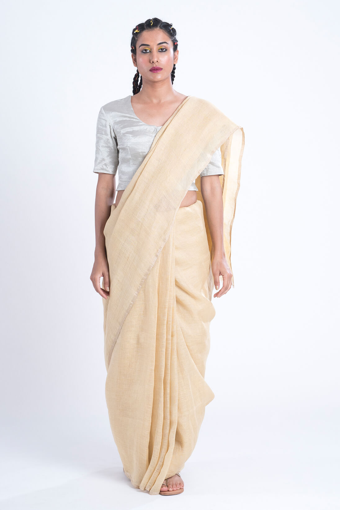 cream handloom linen saree - linenworldonline.in