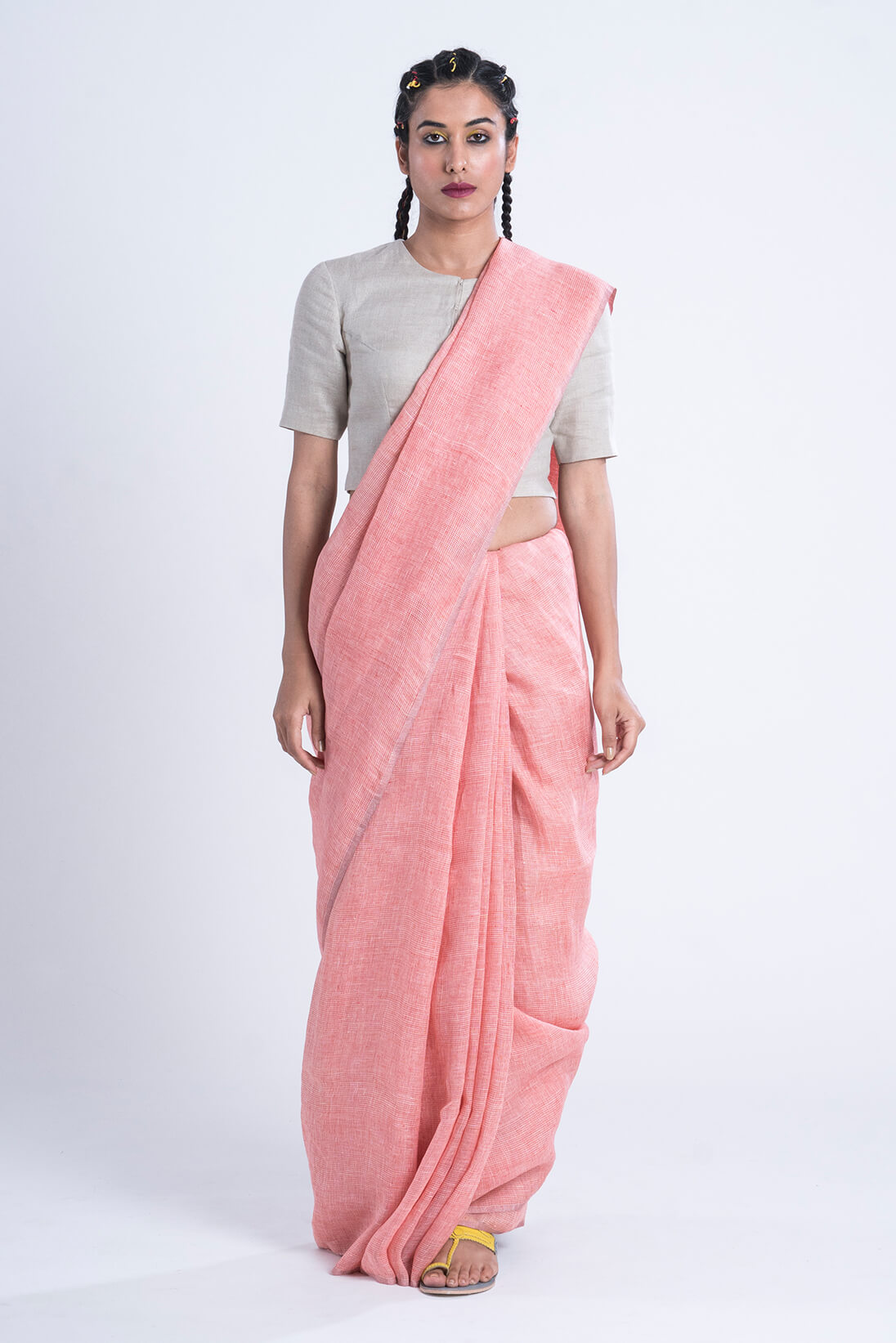 Peach Handwoven Linen Saree - linenworldonline.in