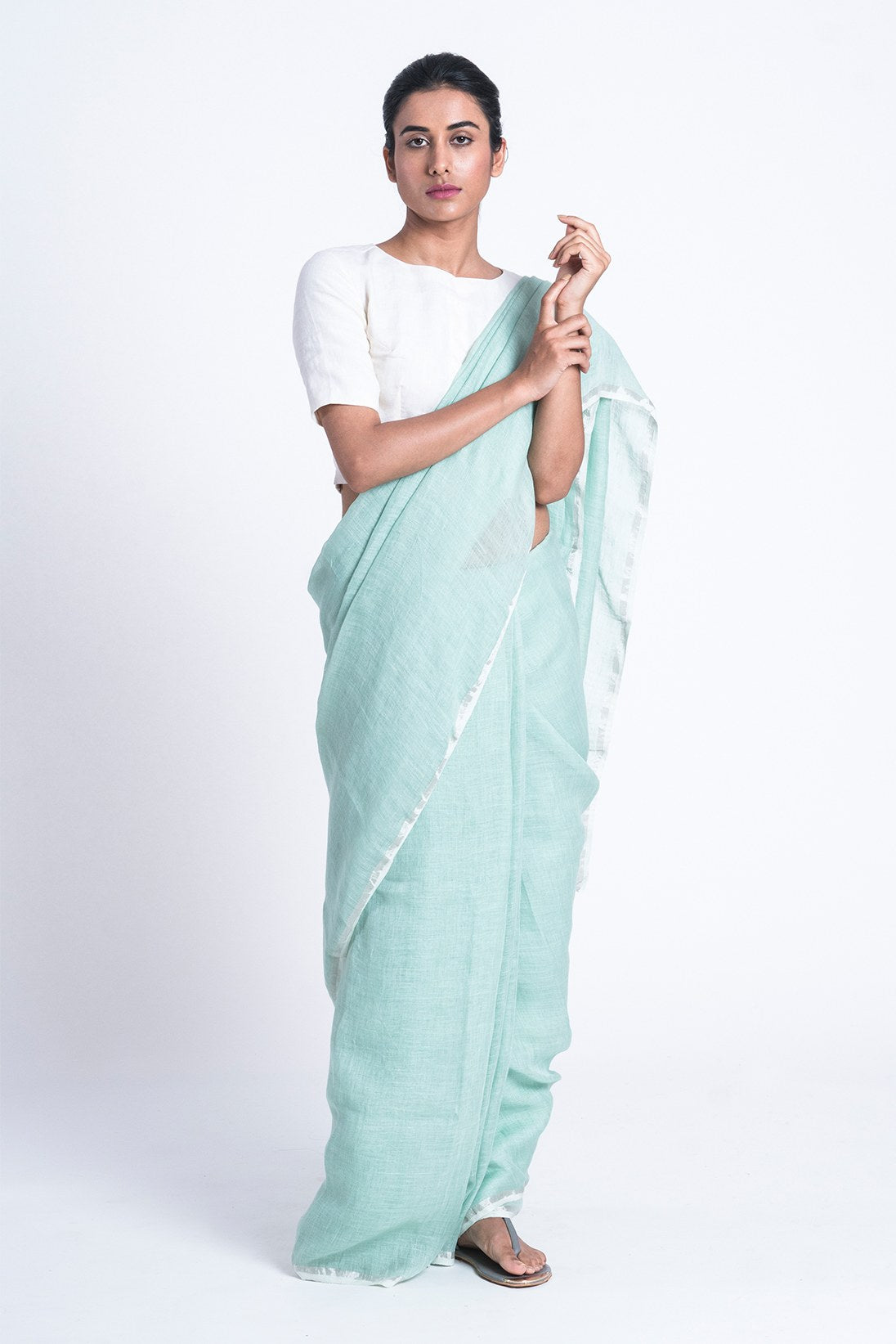 Blue Handwoven Linen Saree - linenworldonline.in