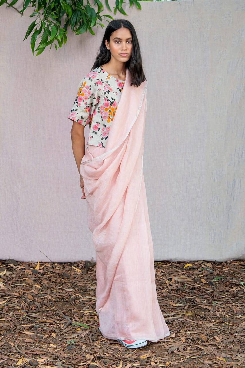 Baby pink handwoven linen saree - linenworldonline.in