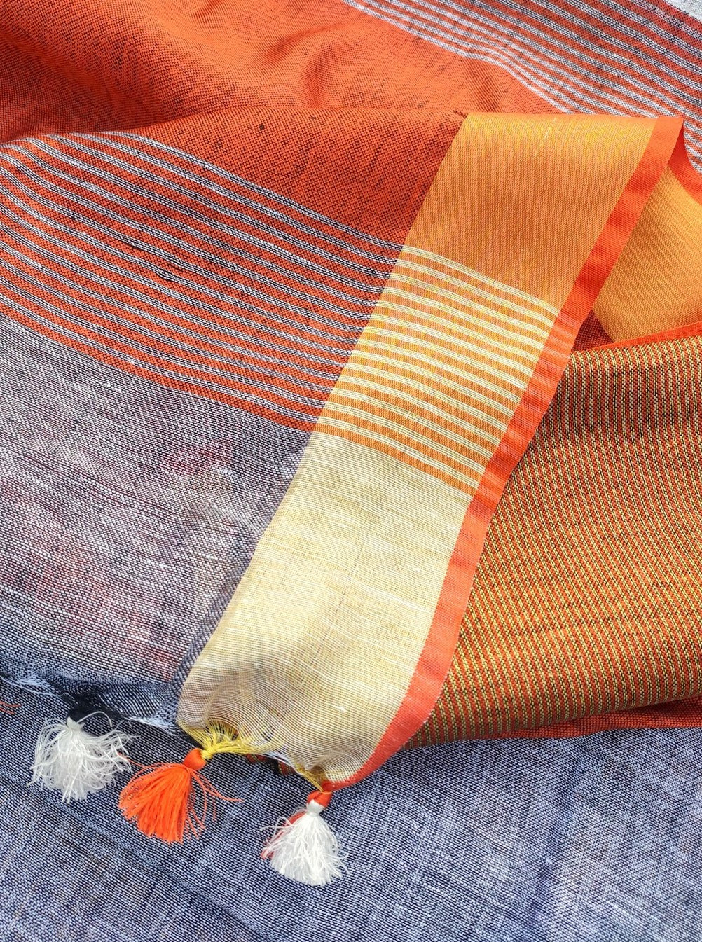 pure organic linen saree with contrast blouse - linenworldonline.in