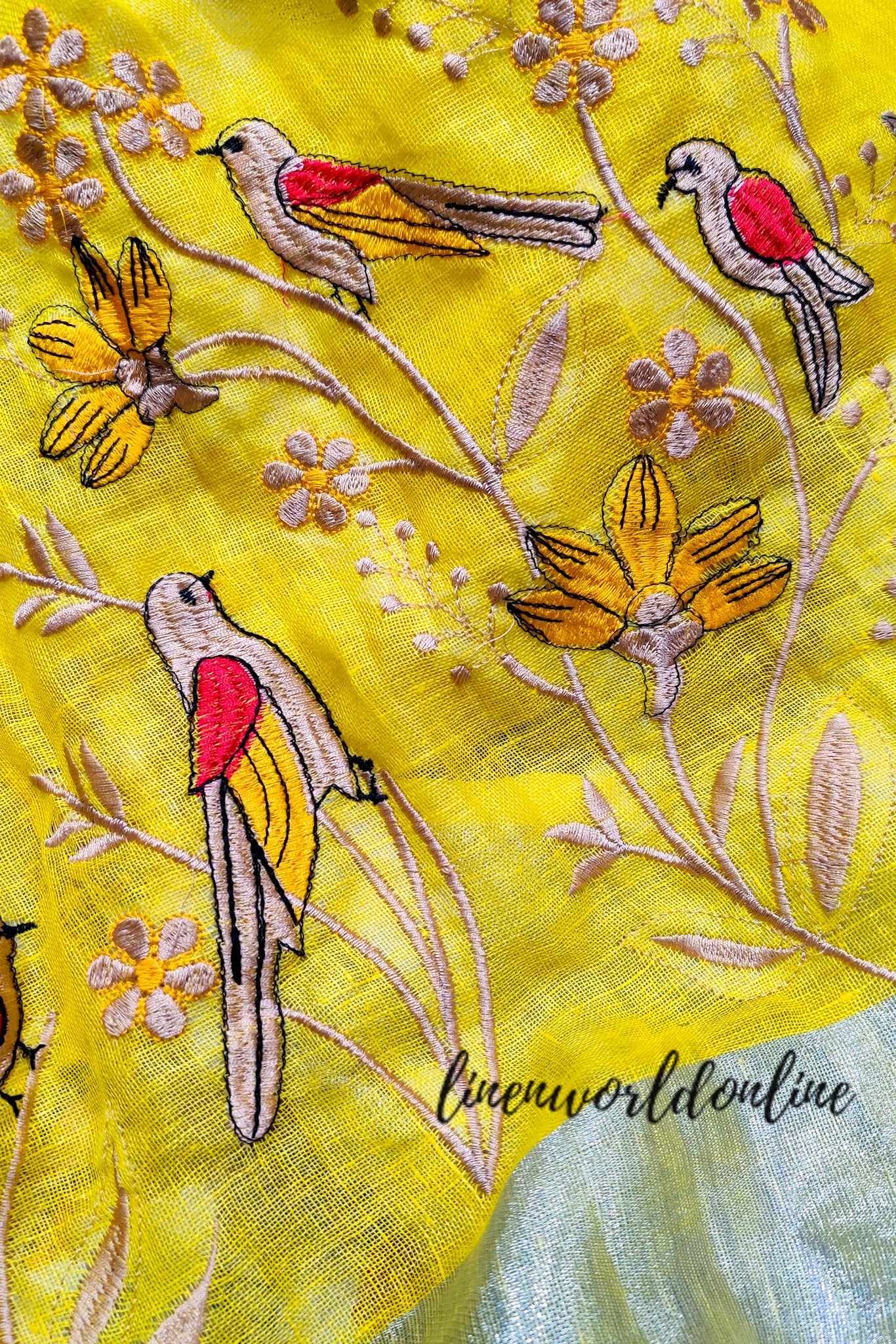 chidiya - embroidered pure linen saree - linenworldonline.in